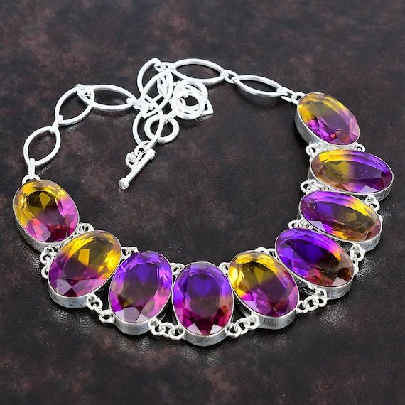 Faceted Ametrine Gemstone Necklace, 925 Sterling Silver, Adjustable Chain