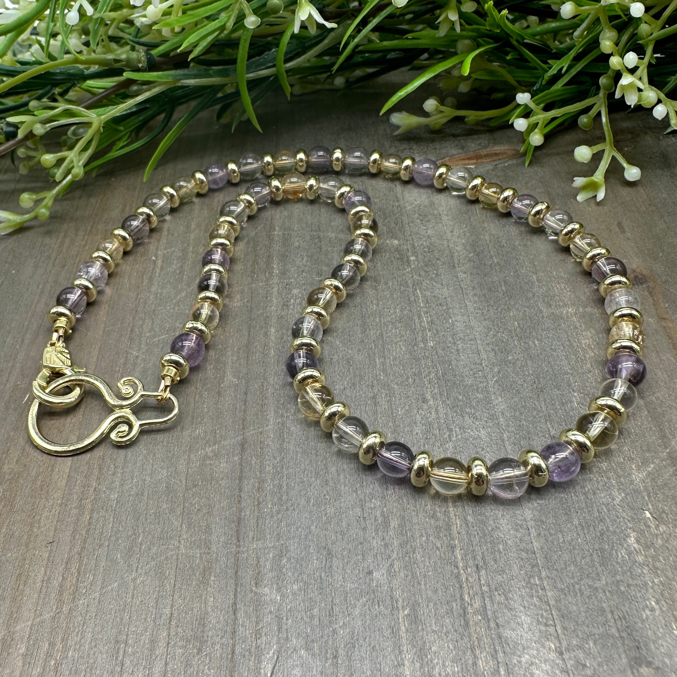 Handmade Ametrine Beaded Necklace: Gold Finish, 17 Inch
