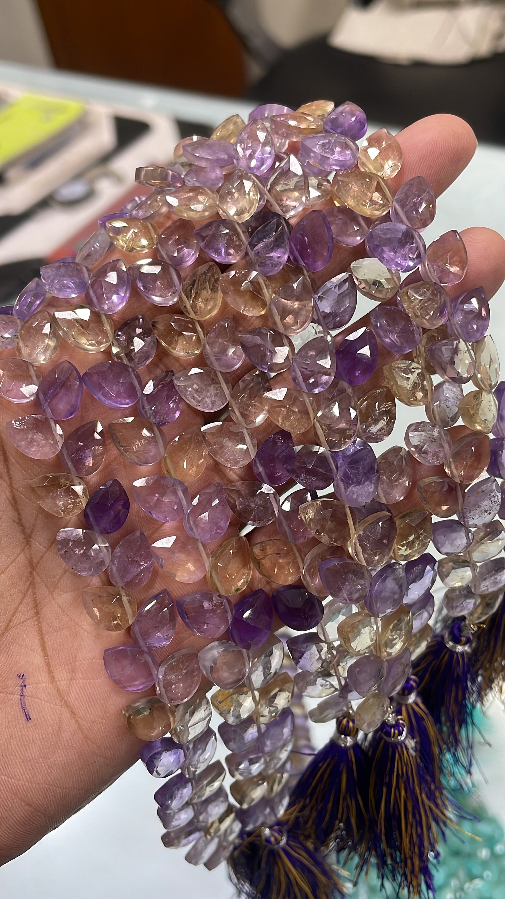 Beautiful Superb Quality Natural Ametrine Leaf Cut Briolette Gemstone Beads 7.5 Inch Strands, 7/10 Mm Ametrine Bead An Amazing Item For Sale Beautiful Superb Quality Natural Ametrine Leaf Cut Briolette Gemstone Beads 7.5 Inch Strands, 7/10 Mm Ametrine Bead An Amazing Item For Sale