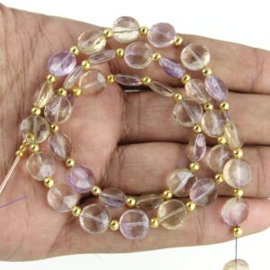 Faceted Ametrine Coin Beads: Natural Gemstone Strand, 9mm, 18 Inch