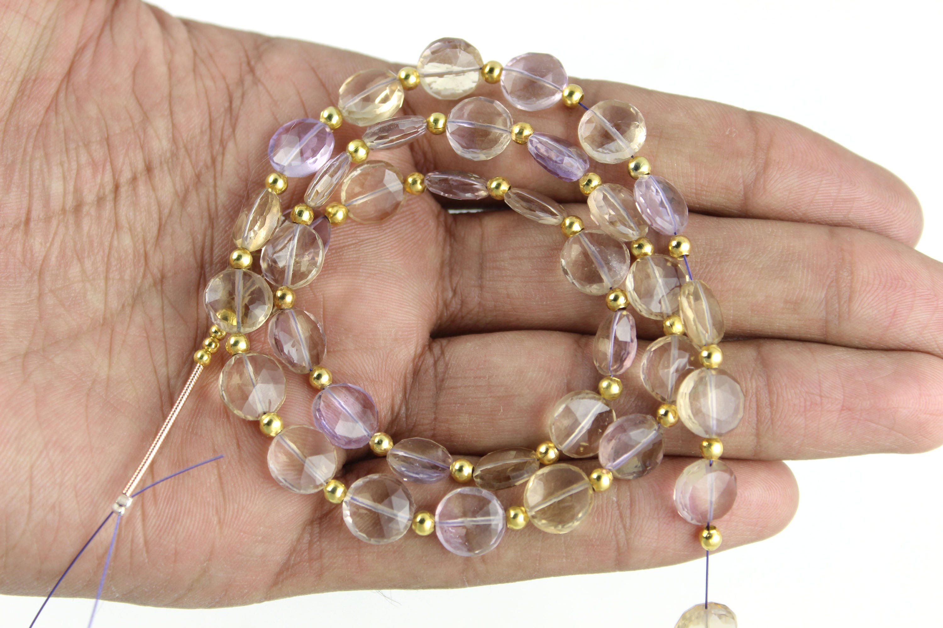 Faceted Ametrine Coin Beads: Natural Gemstone Strand, 9mm, 18 Inch Faceted Ametrine Coin Beads: Natural Gemstone Strand, 9mm, 18 Inch
