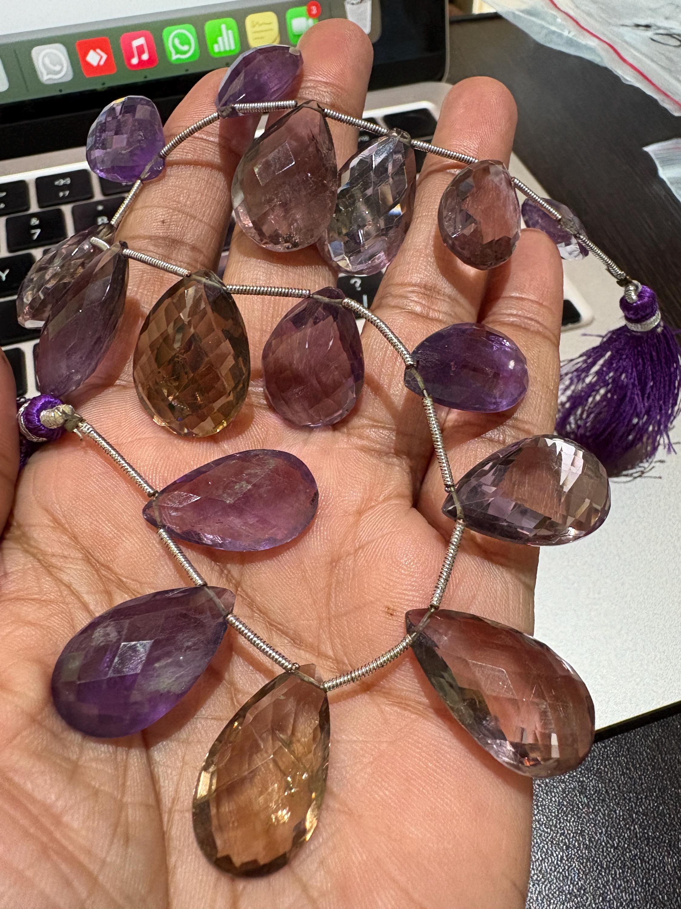 Ametrine Faceted Pear Briolette Beads, Natural Ametrine Gemstone, 13mm To 17mm/20-23mm Each