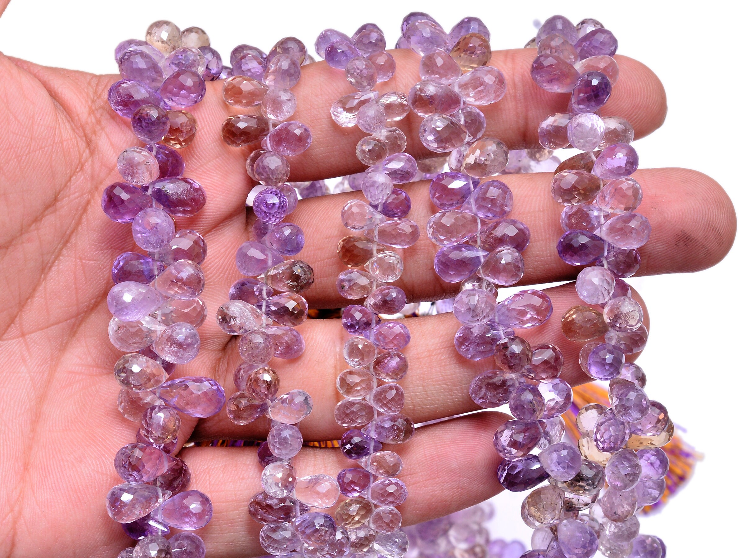 Ametrine Faceted Teardrop Briolettes | Gemstone 4x6mm-5x7mm Graduating Beads 8" Strand | Natural Ametrine Semi Precious Gemstone Drop Beads