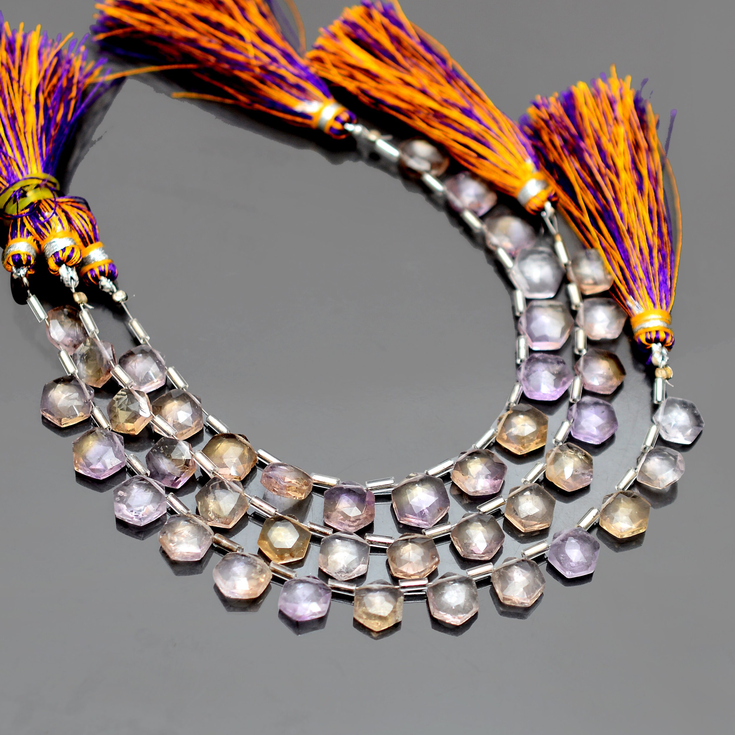 Natural Ametrine 8mm Faceted Hexagon Briolette Beads | Ametrine Semi Precious Gemstone Loose Fancy Faceted Loose Beads | 6inch Strand Natural Ametrine 8mm Faceted Hexagon Briolette Beads | Ametrine Semi Precious Gemstone Loose Fancy Faceted Loose Beads | 6inch Strand