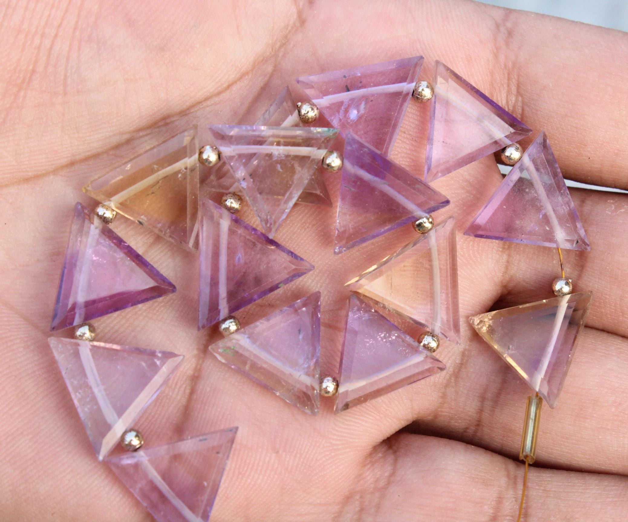 Natural Ametrine Gemstone Faceted Briolette Beads , 15 Pieces Triangle-shaped , Size: 14 - 15 Mm , Make Jewellery , Purple Bead Sale [0276]