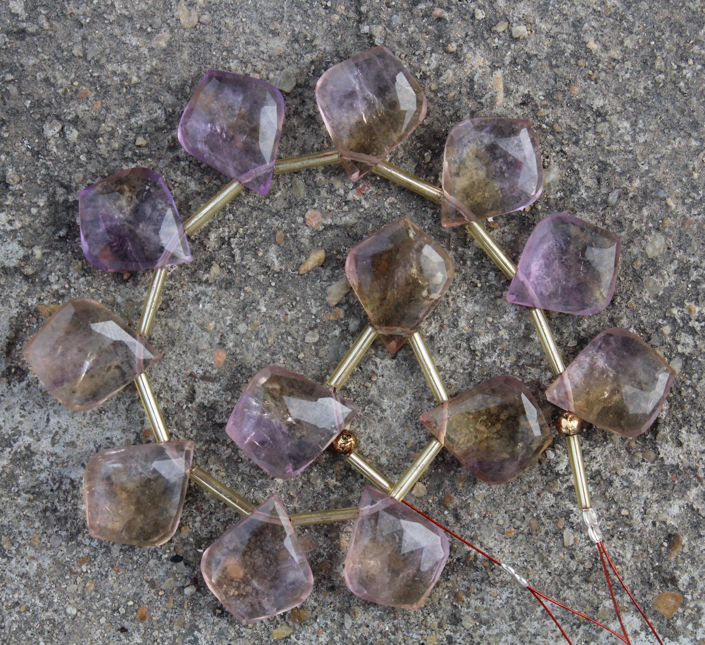 Natural Ametrine Gemstone Faceted Briolette Leaf-shaped Beads | 13 Pieces | Size - 15x18 Mm | Jewelry Making | Fancy Beads Sale [b039]
