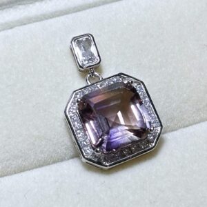 11x11-7carats, Certified Natural Ametrine Pendant, 925 Sterling Silver, Ametrine Asscher Cut Pendant, Untreated Ametrine Necklace, 天然紫黄晶吊坠