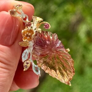 24 Ct Carved Ametrine Flower Pendant Bi Color Purple Yellow Gemstone Gold Plated Sterling Silver Necklace