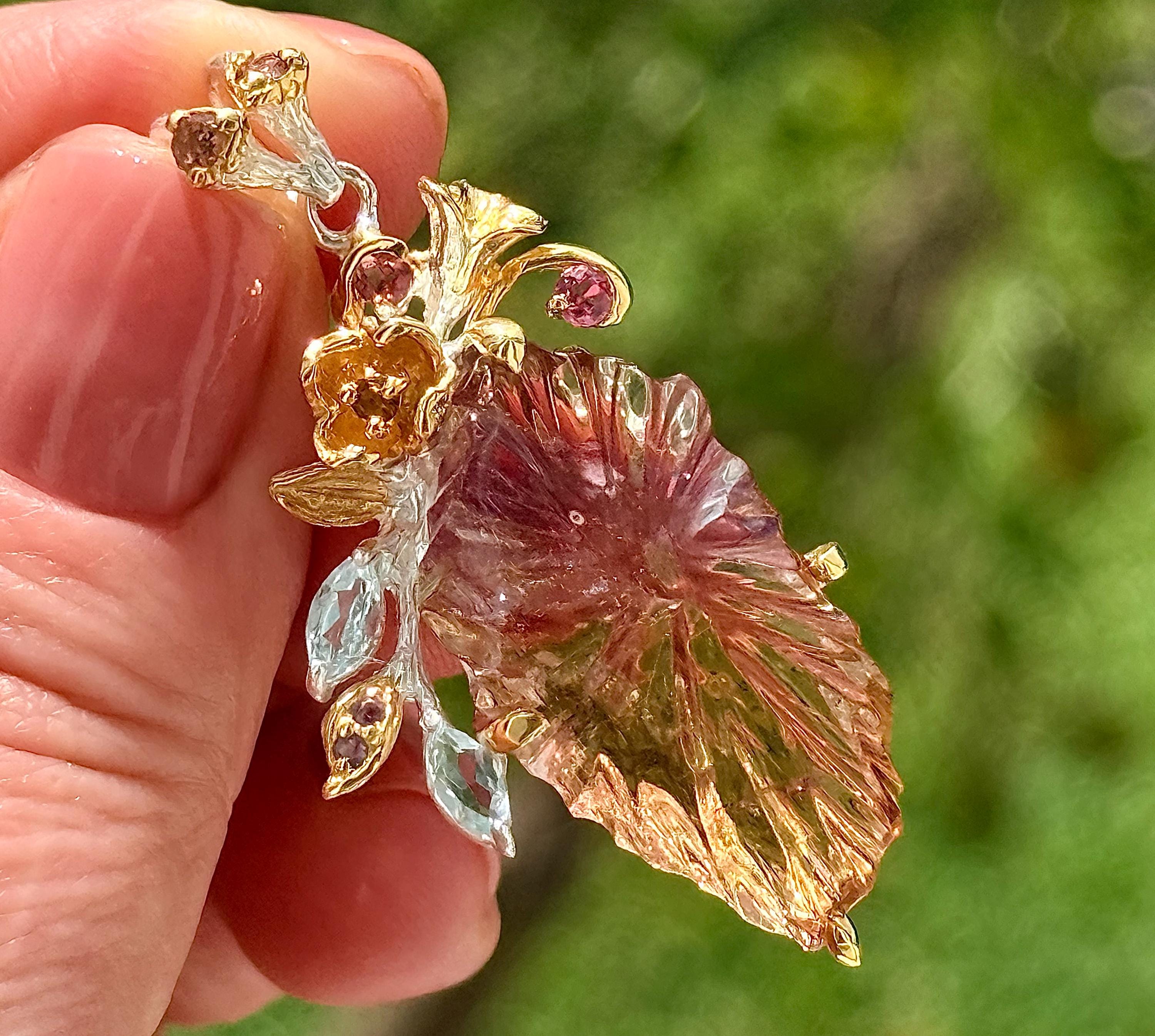 24 Ct Carved Ametrine Flower Pendant Bi Color Purple Yellow Gemstone Gold Plated Sterling Silver Necklace 24 Ct Carved Ametrine Flower Pendant Bi Color Purple Yellow Gemstone Gold Plated Sterling Silver Necklace