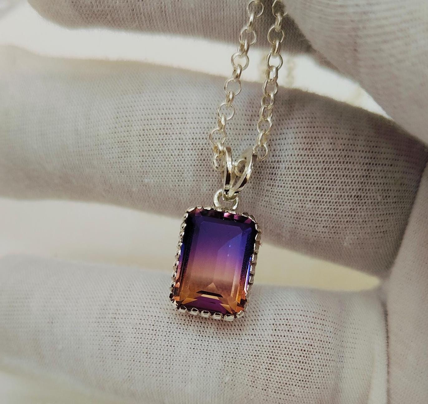 Ametrine Doublet Quartz Pendant, 925 Sterling Silver Necklace, Ametrine Quartz Necklace, Octagon Ametrine Quartz Necklace Bi Color Stone