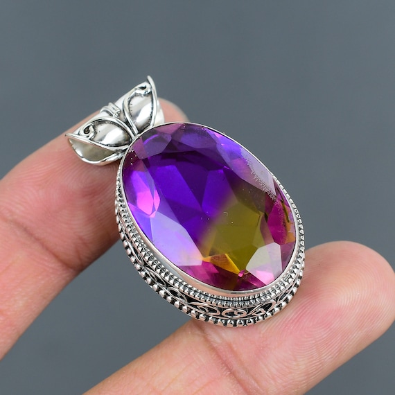 Faceted Ametrine 925 Sterling Silver Pendant - Handmade Vintage Design
