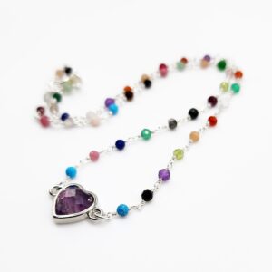 Mixed Gemstone Necklace Sterling Silver, Ametrine Heart Pendant, Dainty Colorful Beaded Gemstone Necklace, 17 Inch Layering Necklace