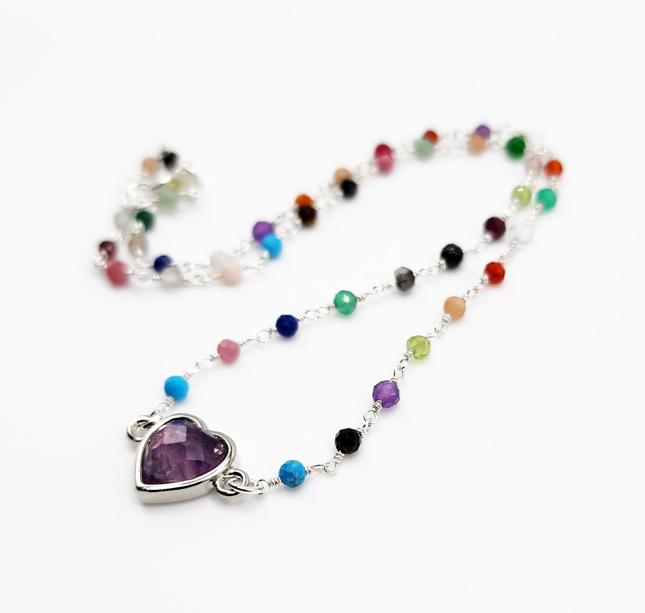 Mixed Gemstone Necklace Sterling Silver, Ametrine Heart Pendant, Dainty Colorful Beaded Gemstone Necklace, 17 Inch Layering Necklace