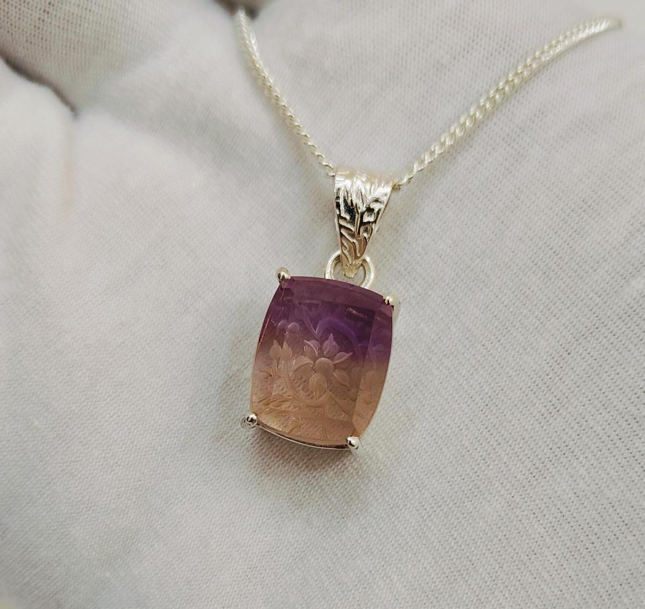 Natural Ametrine Pendant, Carving Ametrine Necklace, 925 Sterling Silver Necklace, Bi Color Ametrine, Cushion Shape Ametrine Pendant