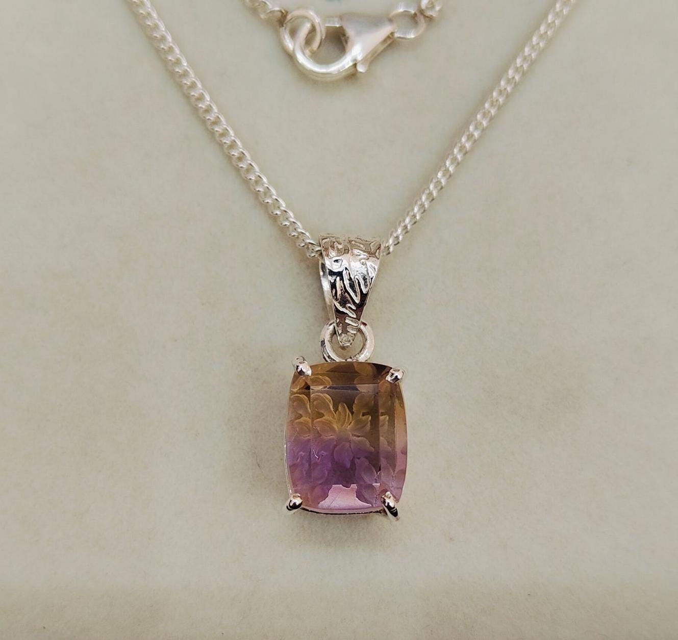 Natural Ametrine Pendant, Carving Ametrine Necklace, 925 Sterling Silver Necklace, Bi Color Ametrine, Cushion Shape Ametrine Pendant Natural Ametrine Pendant, Carving Ametrine Necklace, 925 Sterling Silver Necklace, Bi Color Ametrine, Cushion Shape Ametrine Pendant