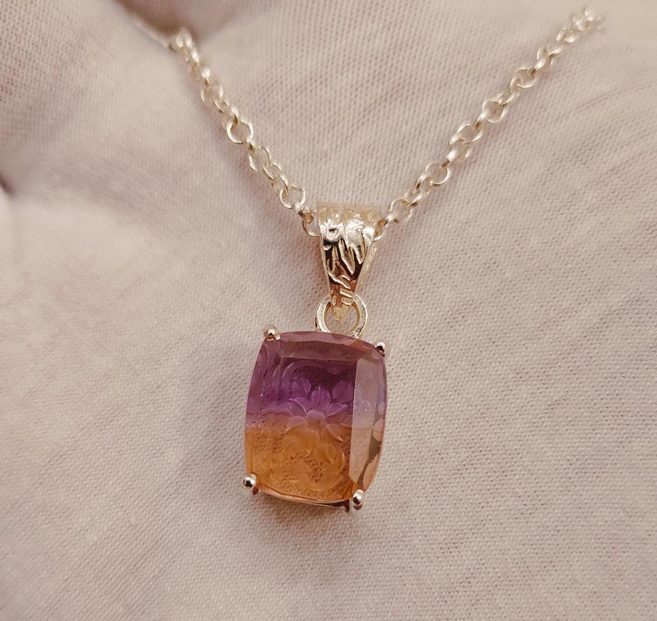 Natural Ametrine Pendant, Carving Ametrine Necklace, 925 Sterling Silver Necklace, Bi Color Ametrine, Cushion Shape Ametrine Pendant