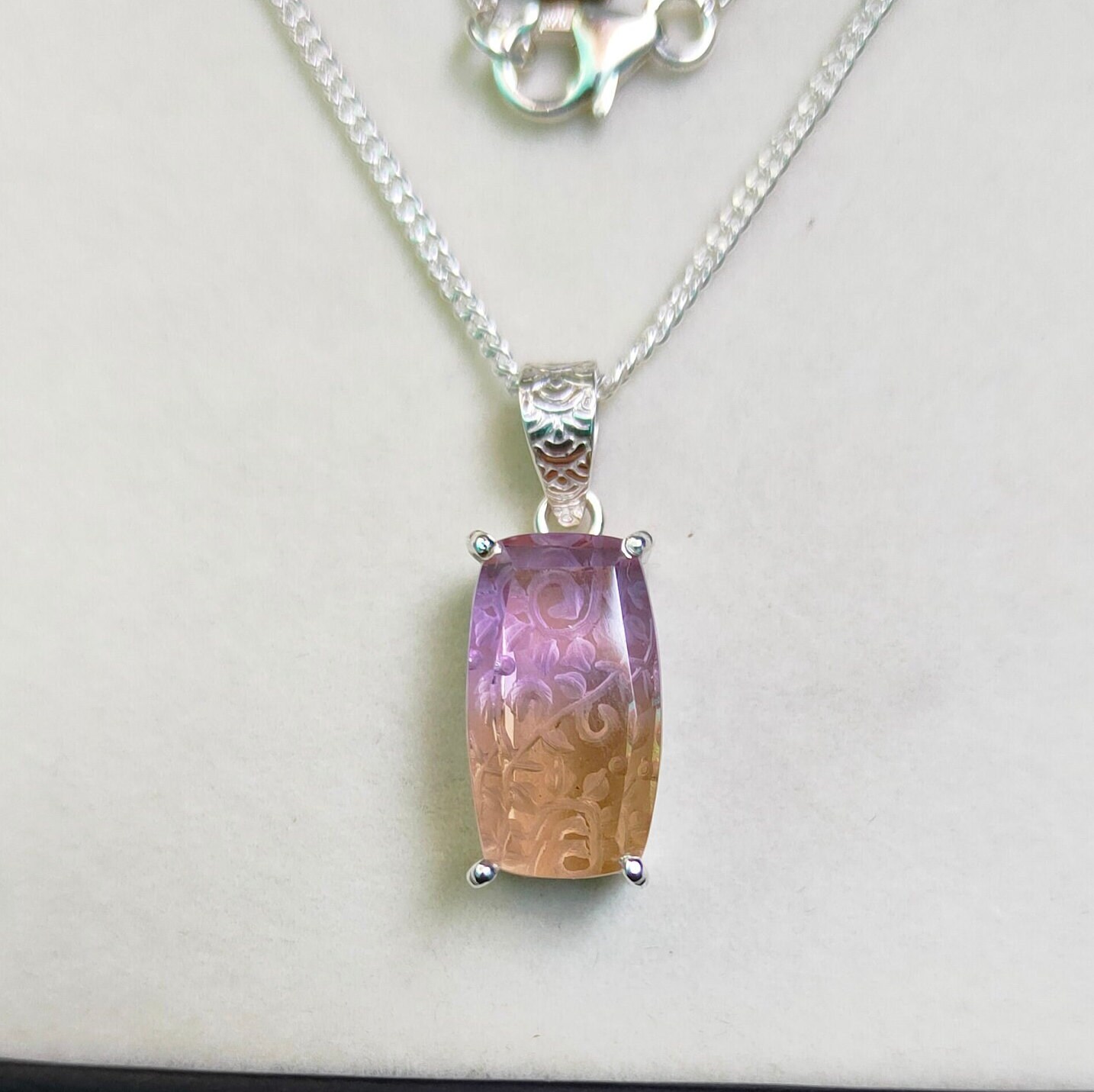 Natural Ametrine Pendant, Carving Ametrine Necklace, 925 Sterling Silver Necklace, Bi Color Ametrine, Cushion Shape Ametrine Pendant
