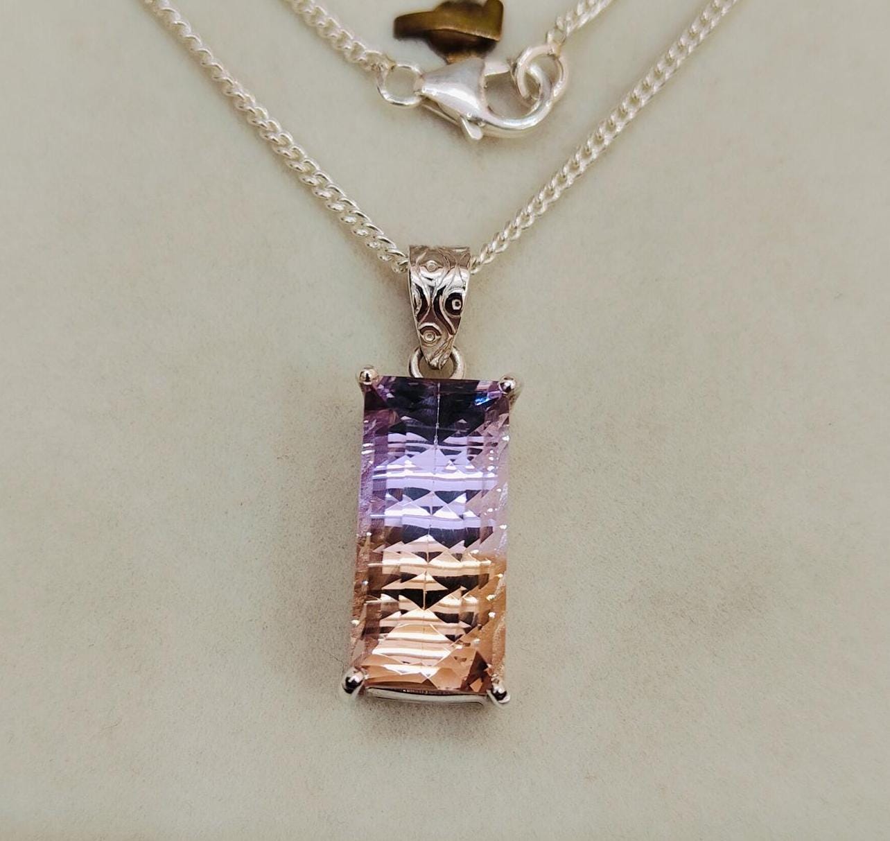 Natural Ametrine Concave Cut Necklace, Ametrine Pendant, 925 Sterling Silver Necklace, Bi Color Ametrine, Baguette Shape Ametrine Pendant