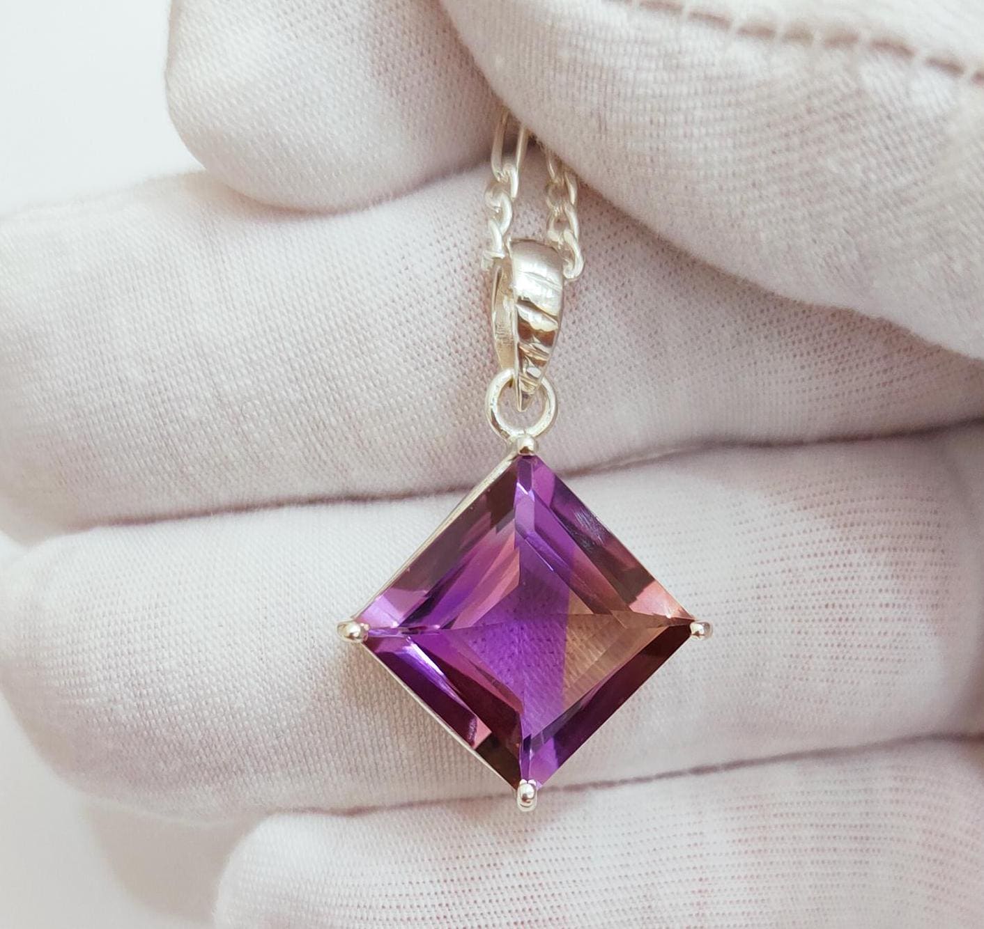 Natural Ametrine Pendant Natural Ametrine Necklace 925 Sterling Silver Necklace Natural Square Cut Ametrine Necklace 14 Mm Square Ametrine
