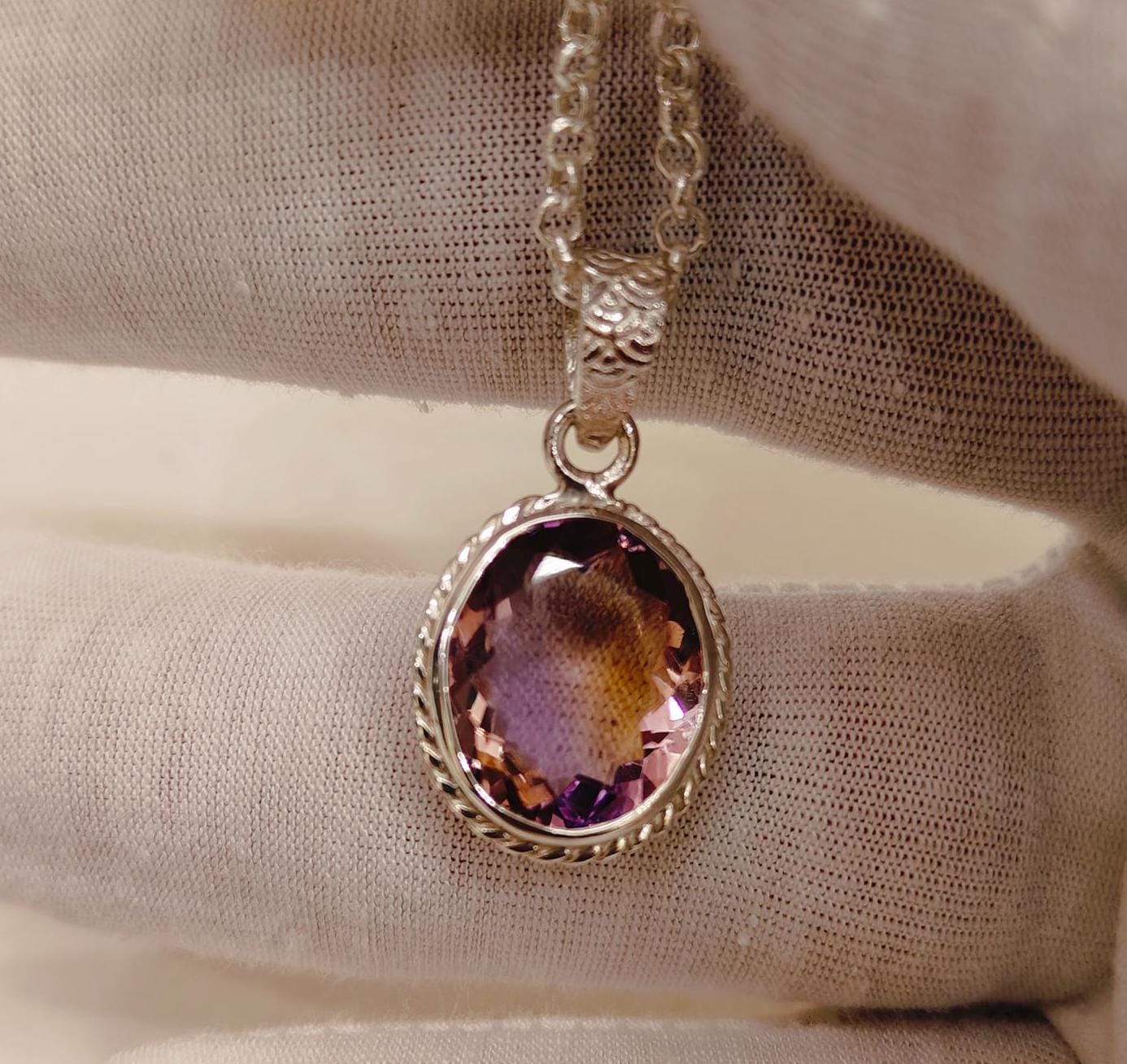 Natural Ametrine Pendant, Natural Ametrine Necklace, 925 Sterling Silver Necklace, Oval Cut Ametrine Pendant, Oval Cut Ametrine Necklace