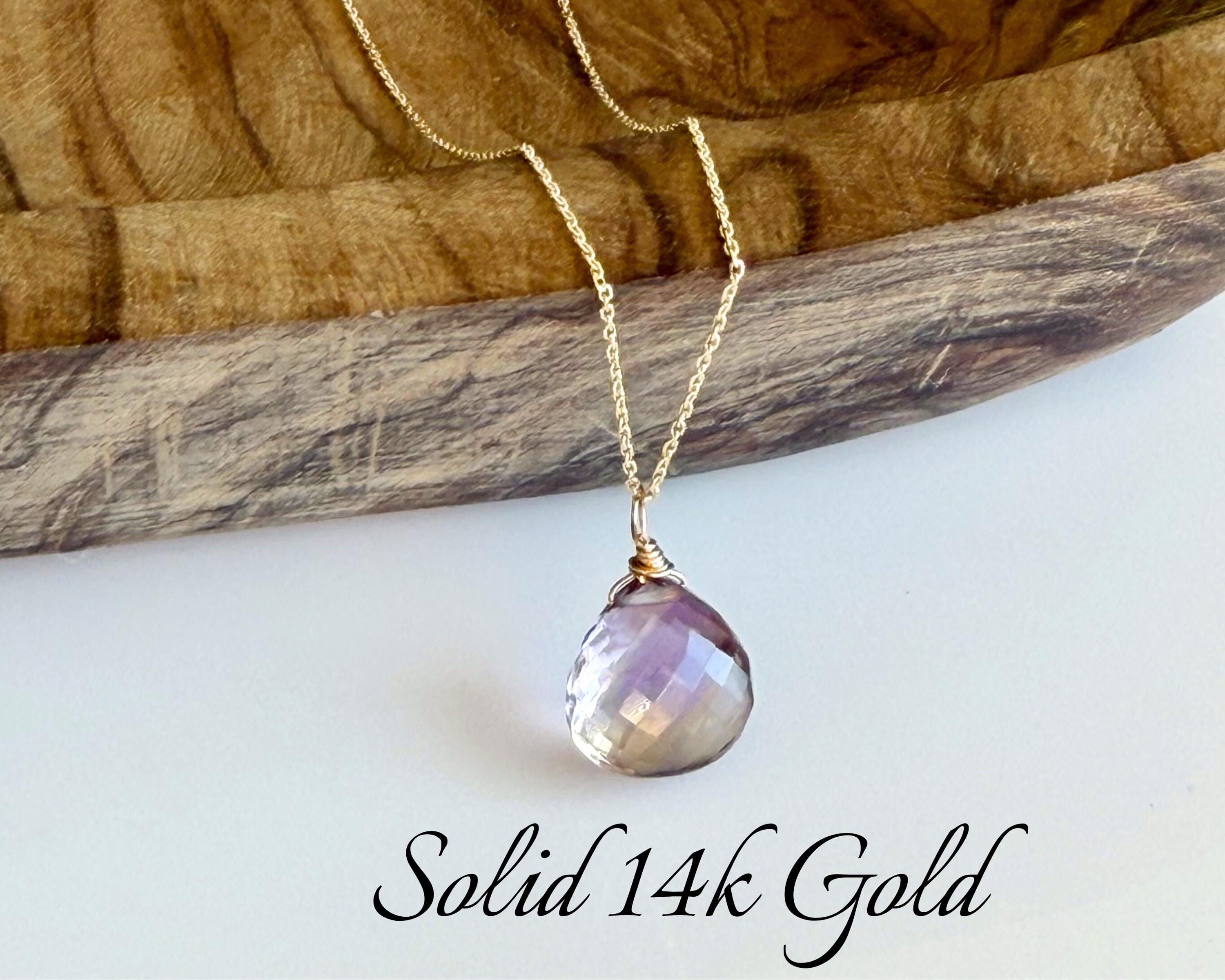 Ametrine Solid 14k Gold Teardrop Necklace, Ametrine Teardrop Pendant, Real Solid 14k Purple Ametrine Pendant, Gift For Mother, February Gift