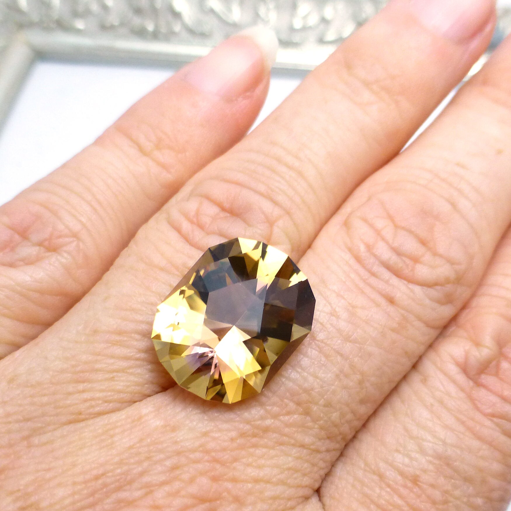 13.665 Carats Ametrine Gemstone Fantasy Cut Facet Bicolor Engagement Ring Wedding Birthday Amethyst Citrine Yellow Purple Handmade