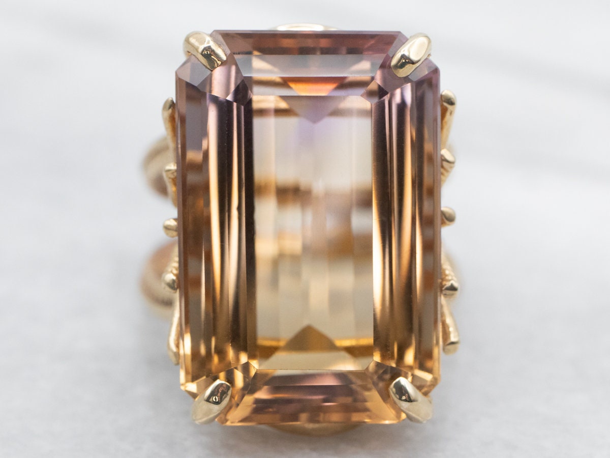 14k Gold Ametrine Cocktail Ring, Emerald Cut Gemstone