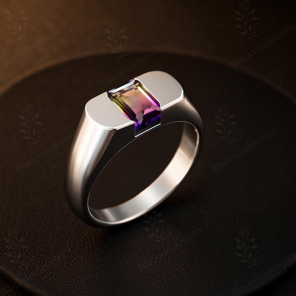 Bio Color Ametrine Ring For Women Antique Emerald Cut Ametrine Gemstone Ring 925 Silver Ametrine Statement Ring Unique Promise Ring For Her