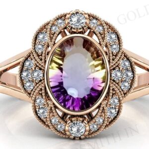 Bio Color Ametrine Halo Engagement Ring Oval Cut Ametrine Art Deco Wedding Ring Vintage Ametrine Bridal Promise Ring Anniversary Gift