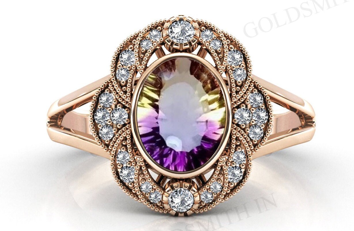 Bio Color Ametrine Halo Engagement Ring Oval Cut Ametrine Art Deco Wedding Ring Vintage Ametrine Bridal Promise Ring Anniversary Gift