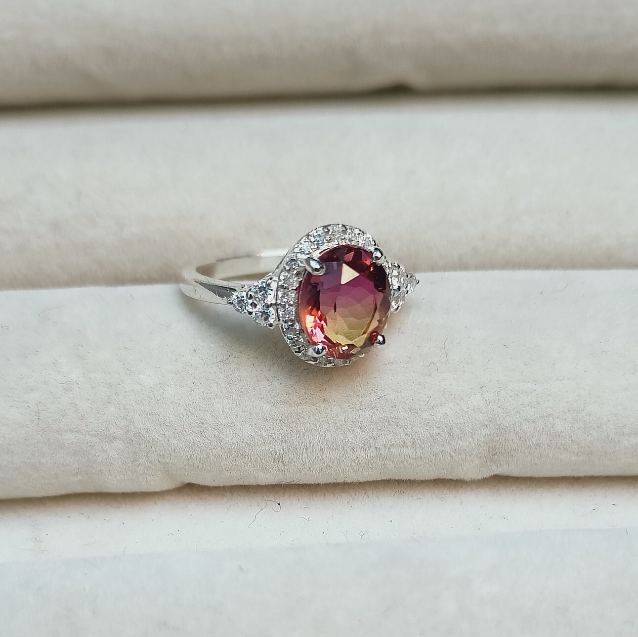 Ametrine Doublet Quartz Ring, 925 Sterling Silver Ring, Oval Cut Ametrine Quartz Ring, Ametrine Halo Ring Bi Color Stone Ring, Ring For Gift