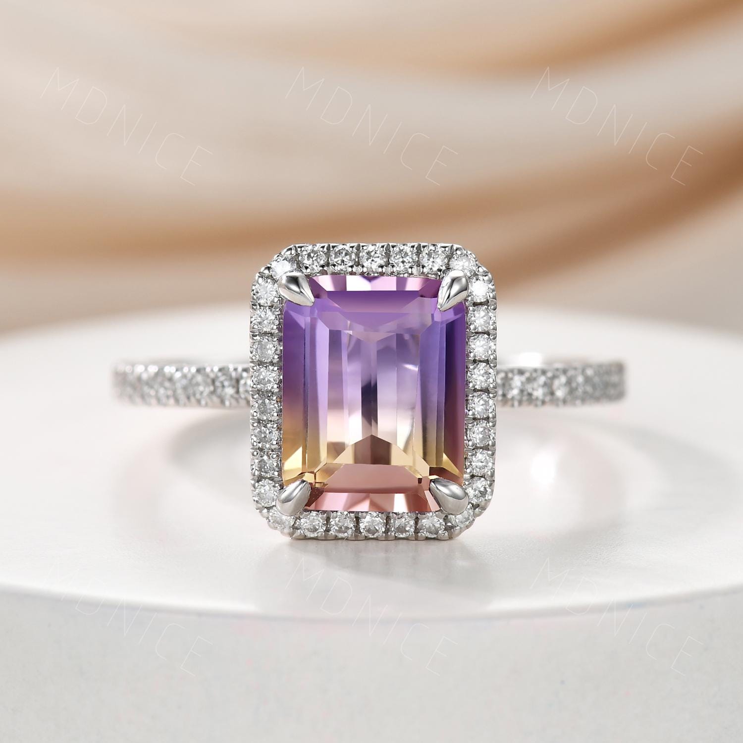 Emerald Cut Ametrine Engagement Ring: 14k Solid Gold Halo Bridal Ring