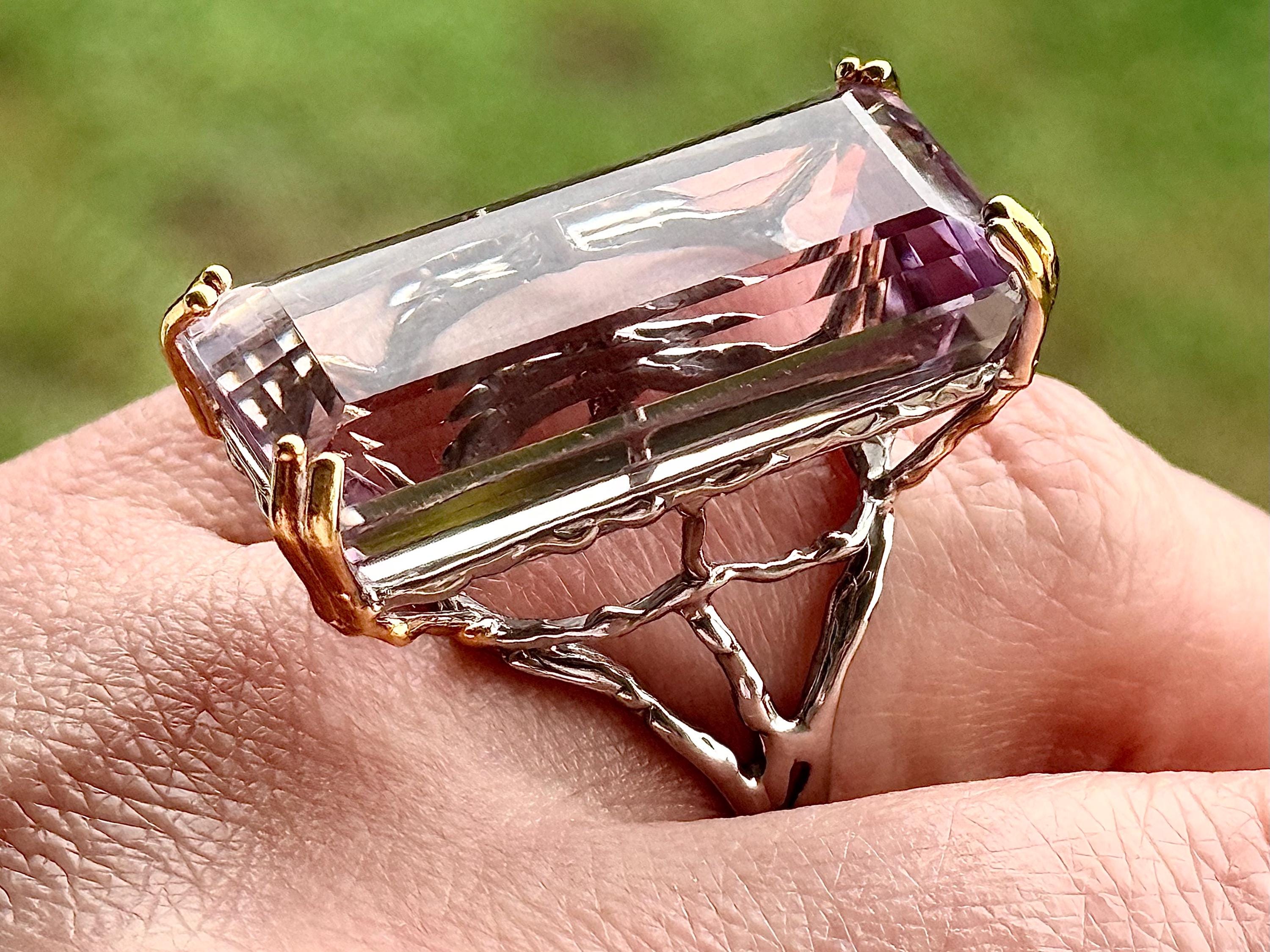 Huge! 62 Ct Bolivian Ametrine Ring,  925 Sterling Silver, White Gold Plate, Size 8