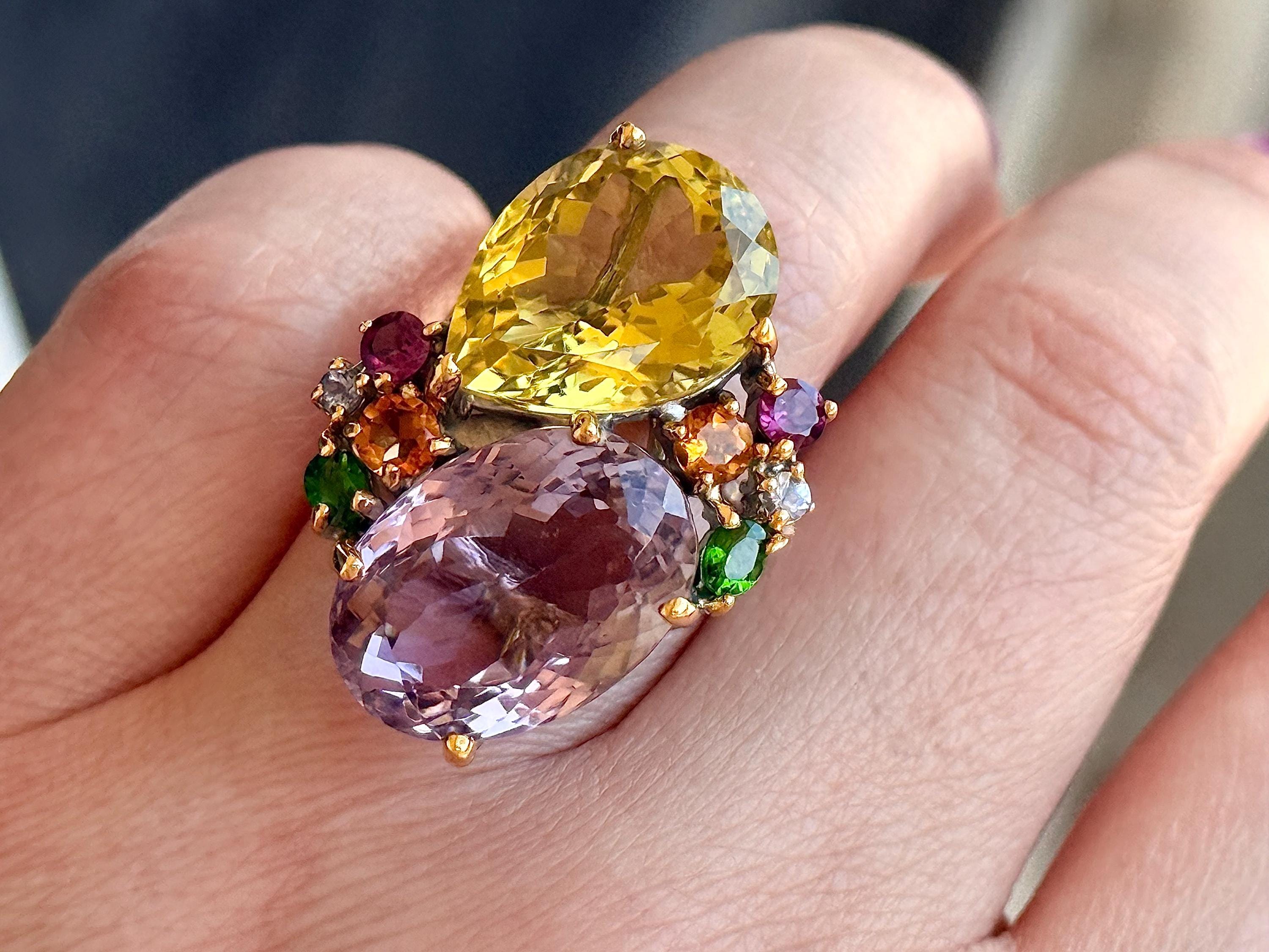Luxe Brazilian Lemon Quartz Ring, Ametrine, Gold Plate, 925 Sterling Silver, Size 8