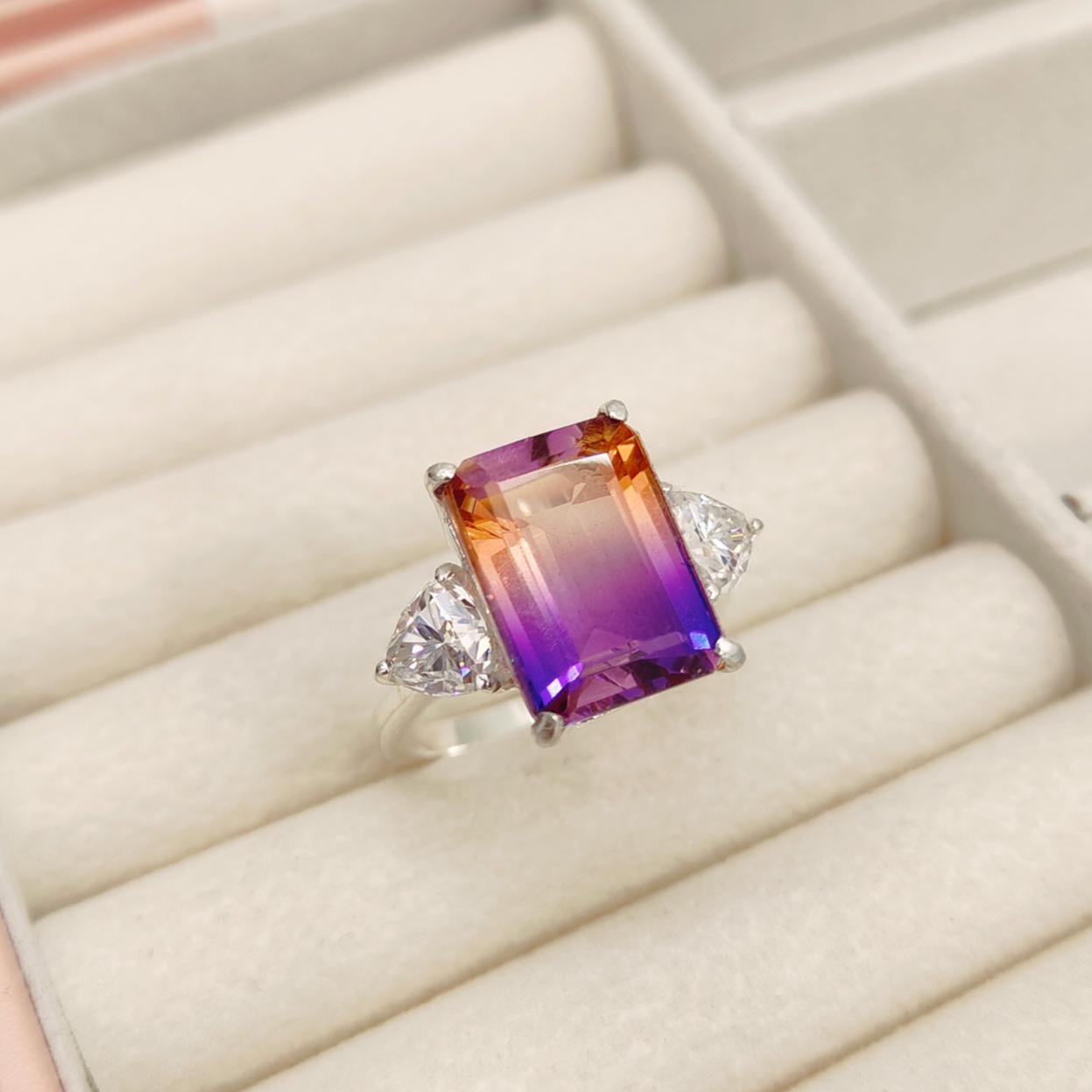 Ametrine Moissanite Ring, Octagon Cut Ametrine Quartz Ring, 925 Sterling Silver Ring Bi Color Ametrine Ring, Ametrine Doublet Quartz Ring
