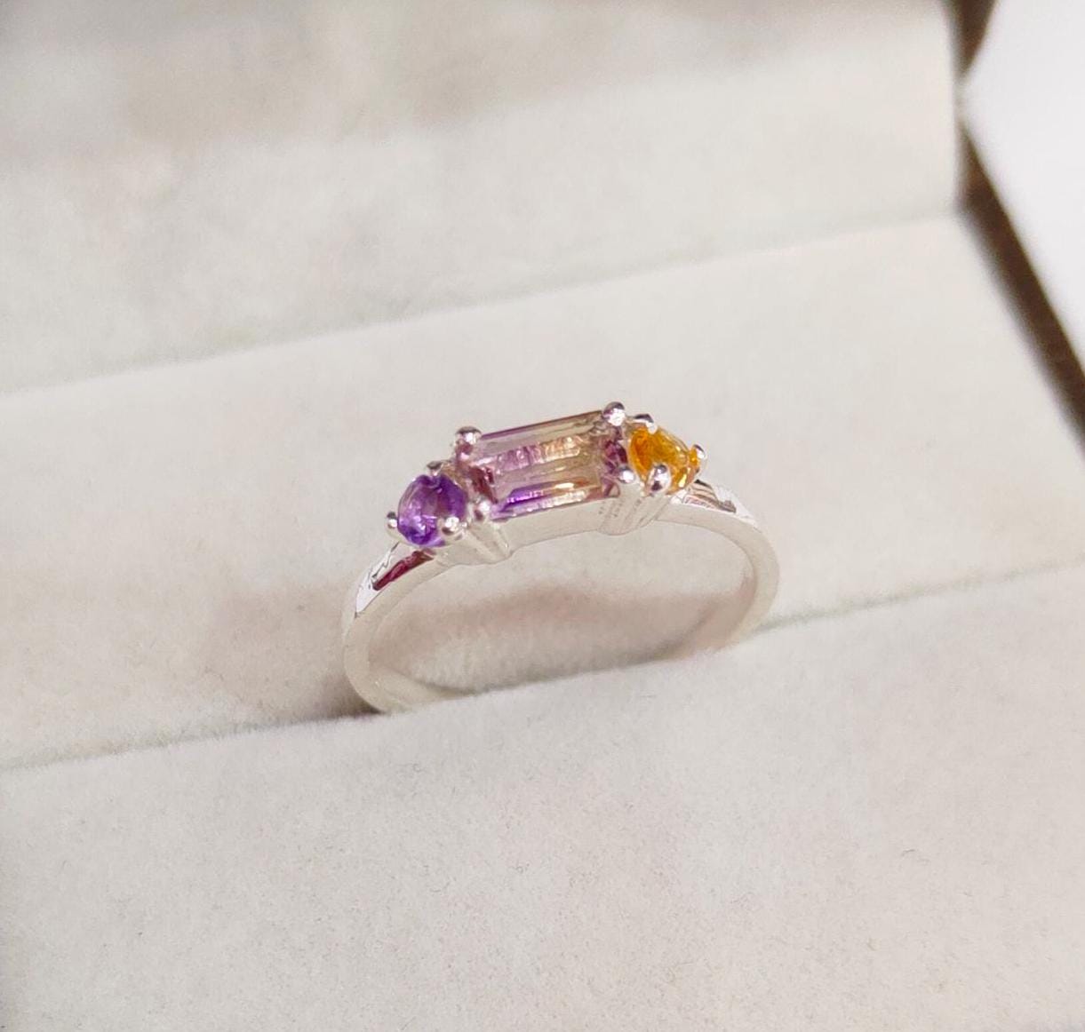 Natural Ametrine Ring, 925 Sterling Silver Ring, Octagon Ametrine Ring, Round Amethyst And Citrine Ring, Bi Color Ametrine Ring