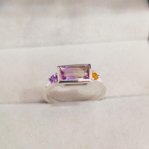 Natural Ametrine Ring, 925 sterling Silver Ring, Baguette ametrine ring, Round amethyst and citrine ring, Bi color Ametrine ring