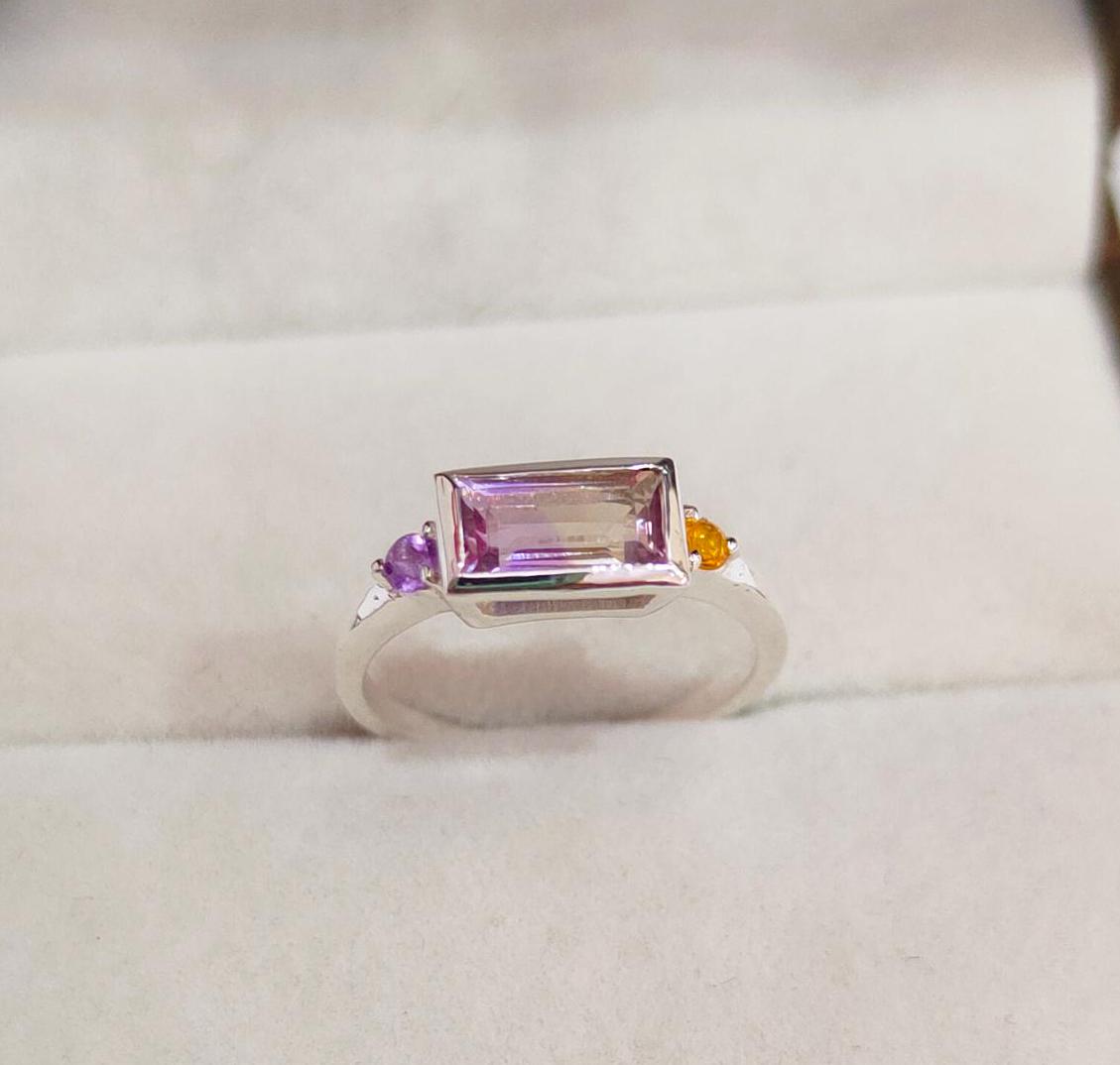Natural Ametrine Ring, 925 Sterling Silver Ring, Baguette Ametrine Ring, Round Amethyst And Citrine Ring, Bi Color Ametrine Ring Natural Ametrine Ring, 925 Sterling Silver Ring, Baguette Ametrine Ring, Round Amethyst And Citrine Ring, Bi Color Ametrine Ring