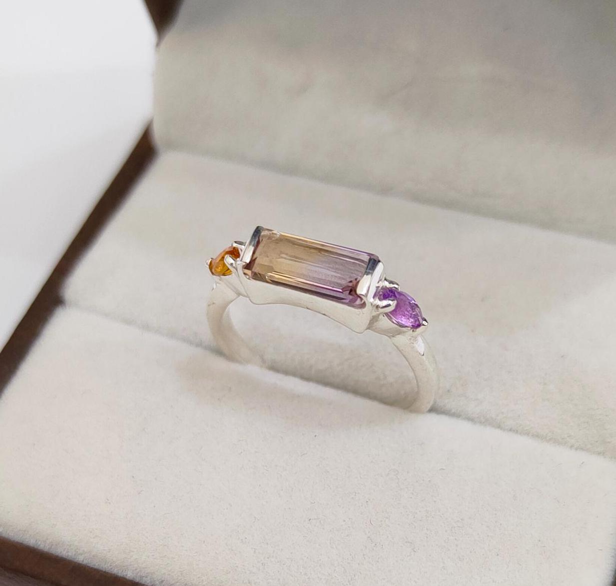Natural Ametrine Ring, 925 Sterling Silver Ring, Baguette Ametrine Ring, Marquise Amethyst And Citrine Ring, Bi Color Ametrine Ring