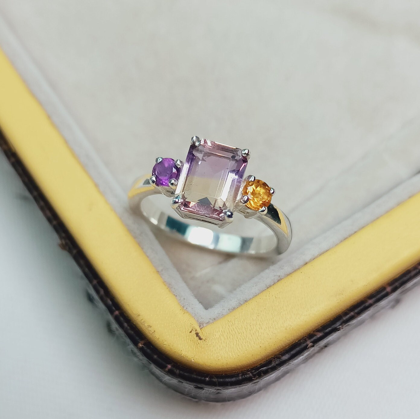 Natural Ametrine Ring, 925 Sterling Silver Ring, Octagon Cut Ametrine Ring, Amethyst And Citrine Ring, Multi Stone Ring, Astrological Ring