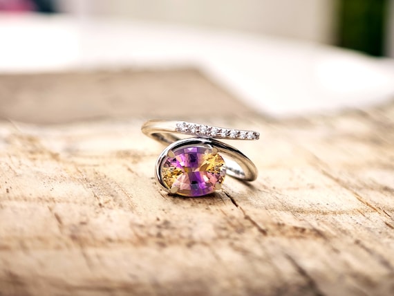 Natural Ametrine Engagement Ring For Women 925 Silver Ametrine Wedding Ring Art Deco Yellow Purple Gemstone Ring Unique Promise Bridal Ring