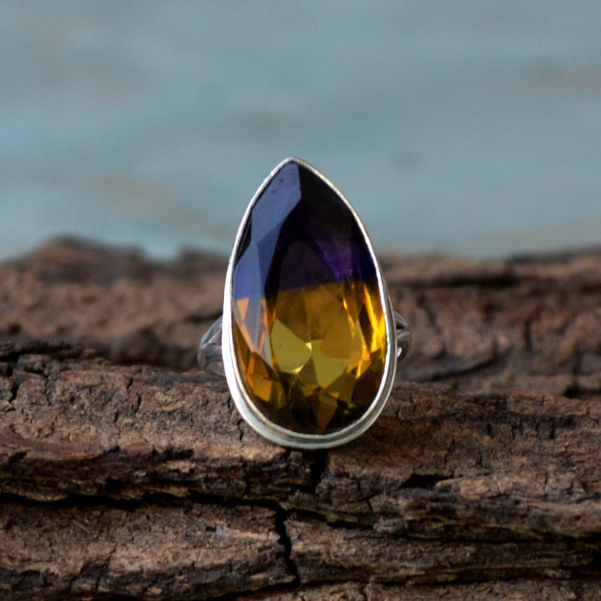 Pear Cut Ametrine Quartz Ring: 925 Sterling Silver, Large Stone