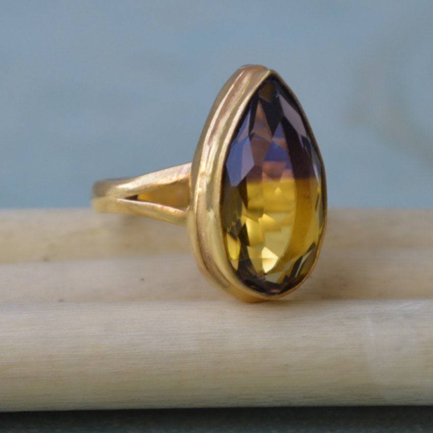 Pear Cut Ametrine Quartz Ring: Sterling Silver, Yellow & Rose Gold Plated