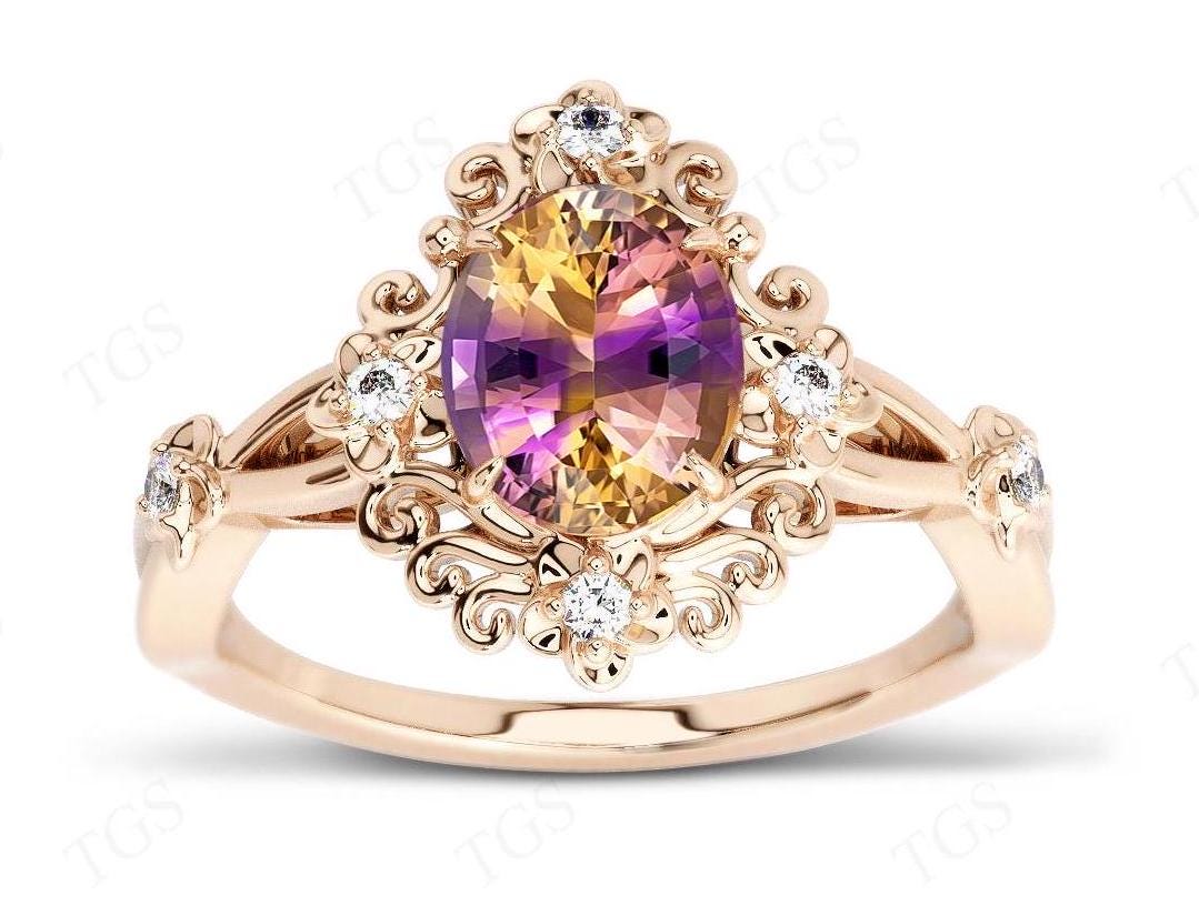 Vintage Ametrine Wedding Ring Art Deco Filigree Style Bridal Ring For Women Bio Color Ametrine Floral Engagement Ring Women Anniversary Gift
