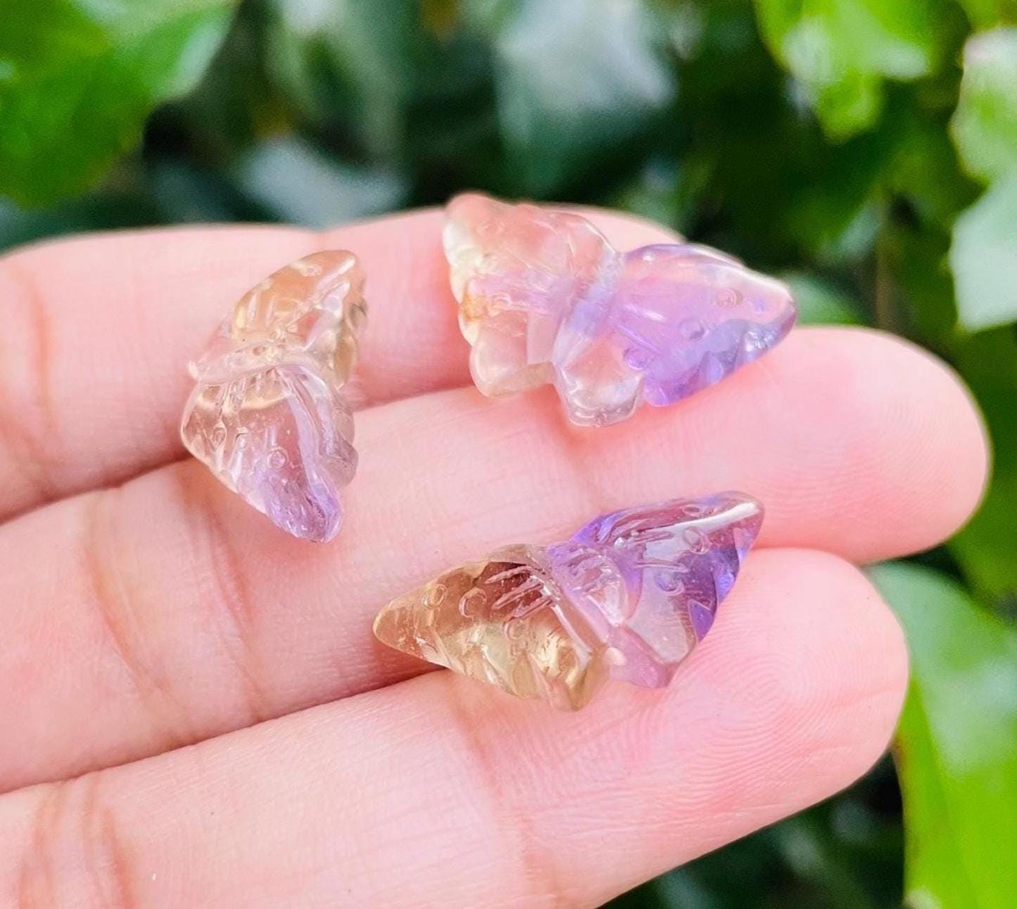 Mini Ametrine Crystal Butterfly : Tumbled Light Citrine With Amethyst Quartz Animal Winged Bug Carving