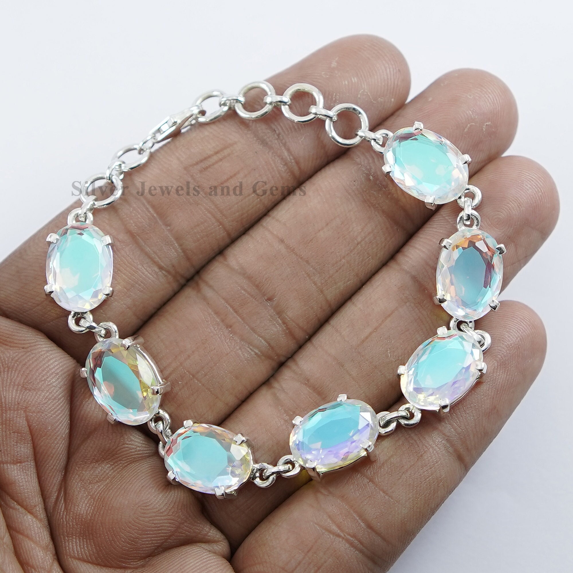 Oval Angel Aura Quartz Bracelet, Gift For Mom, Women's Bracelet, Aura Quartz Bracelet, Prong Bracelet, 925 Sterling Silver Bracelet