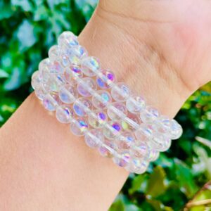 Angel Aura Quartz Bracelet: Rainbow Crystal Round Bead Gemstone Angel Aura Quartz Bracelet: Rainbow Crystal Round Bead Gemstone