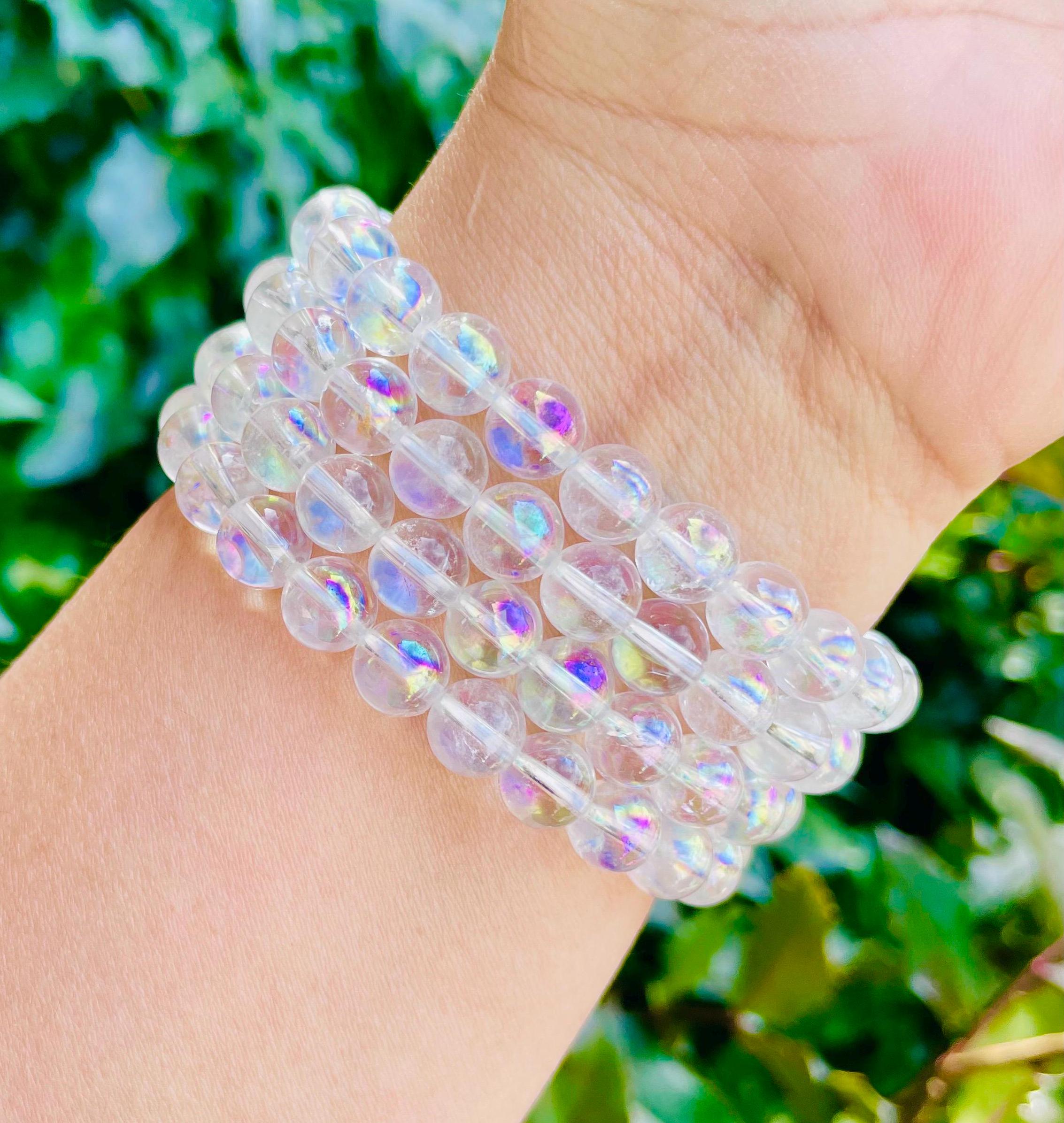 Angel Aura Quartz Bracelet: Rainbow Crystal Round Bead Gemstone