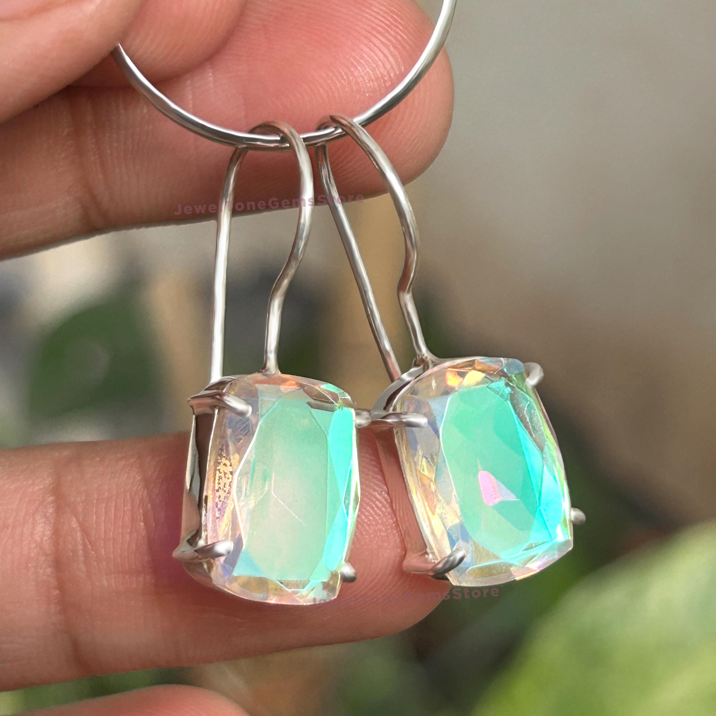 Angel Aura Quartz Dangle Earrings, 925 Sterling Silver Cushion Cut Rainbow Crystal Earrings