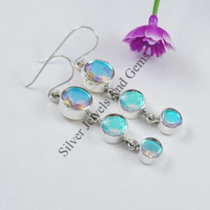 Natural Angel Aura Quartz Earrings, Handmade Earrings, 925 Sterling Silver Round Aura Quartz Earrings, Long Earrings, Multi Stone earrings